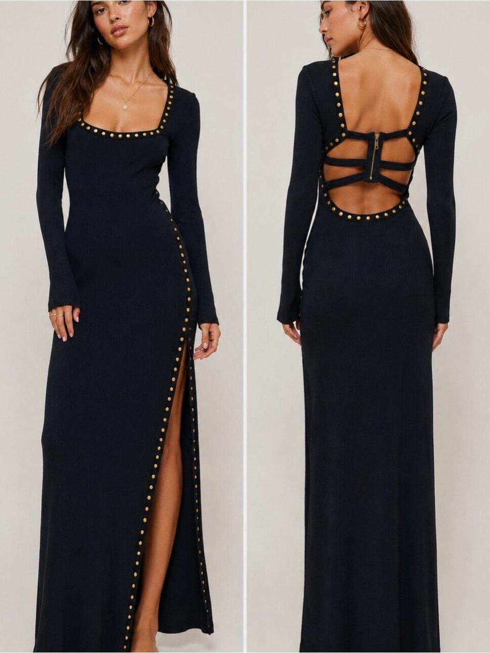 Free People Black Long-Sleeve Maxi Dress with Gold Studs